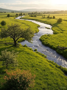 imagem realista que representa a categoria de de áreas rurais com rios e árvores frutíferas as áreas são pequenas extensões de terras que não há estrutura nenhuma, apenas o espaço livre de terra no terreno